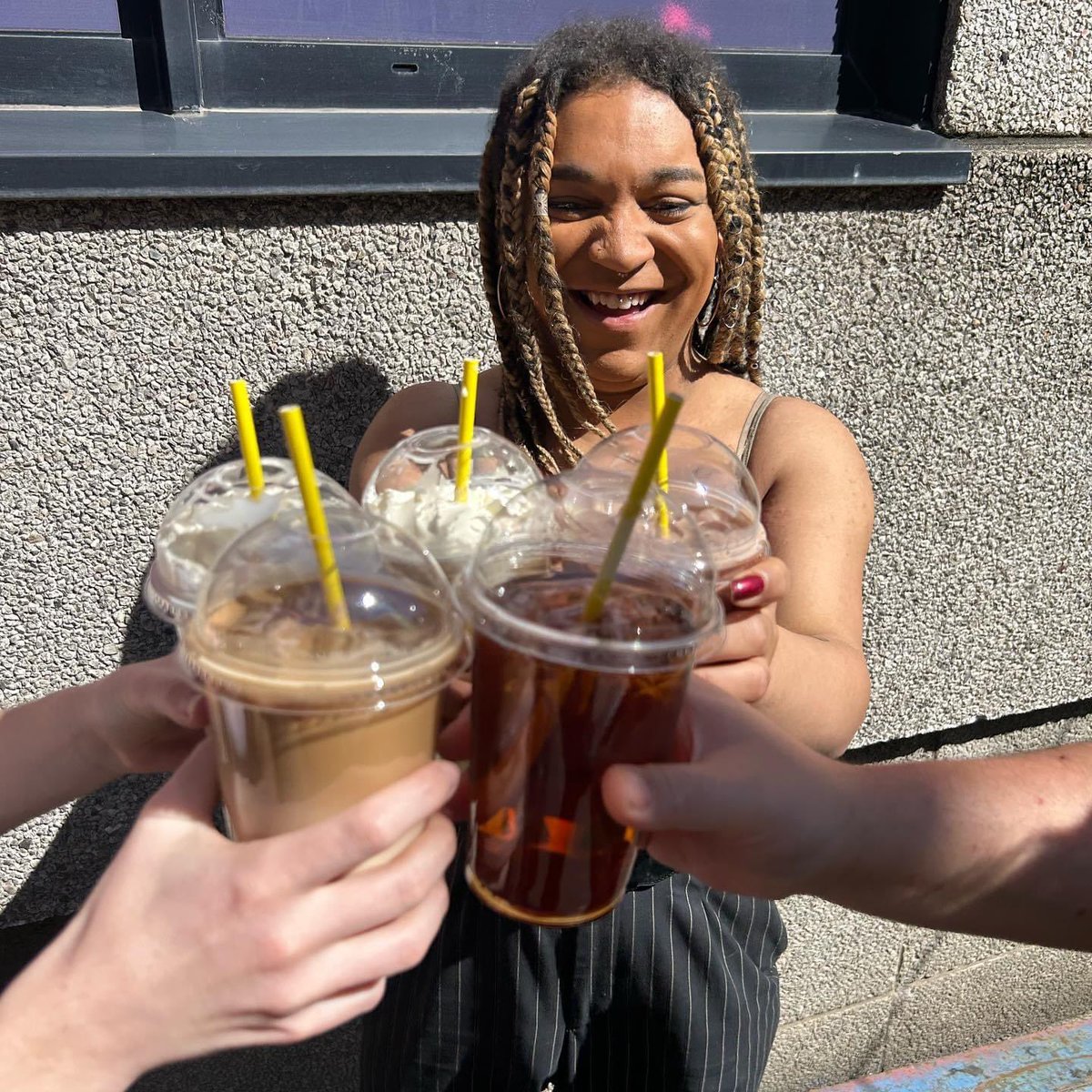 Hot day? 🥵 Cold drinks! 🧊

We have a range of ice cold drinks available here in the QMU Cafe 🥤 

Left to right:

Caramel &amp; vanilla milkshake
Chocolate milkshake
Raspberry iced tea
Iced latte
Iced hot chocolate 

With many more flavours and alternative milks available!