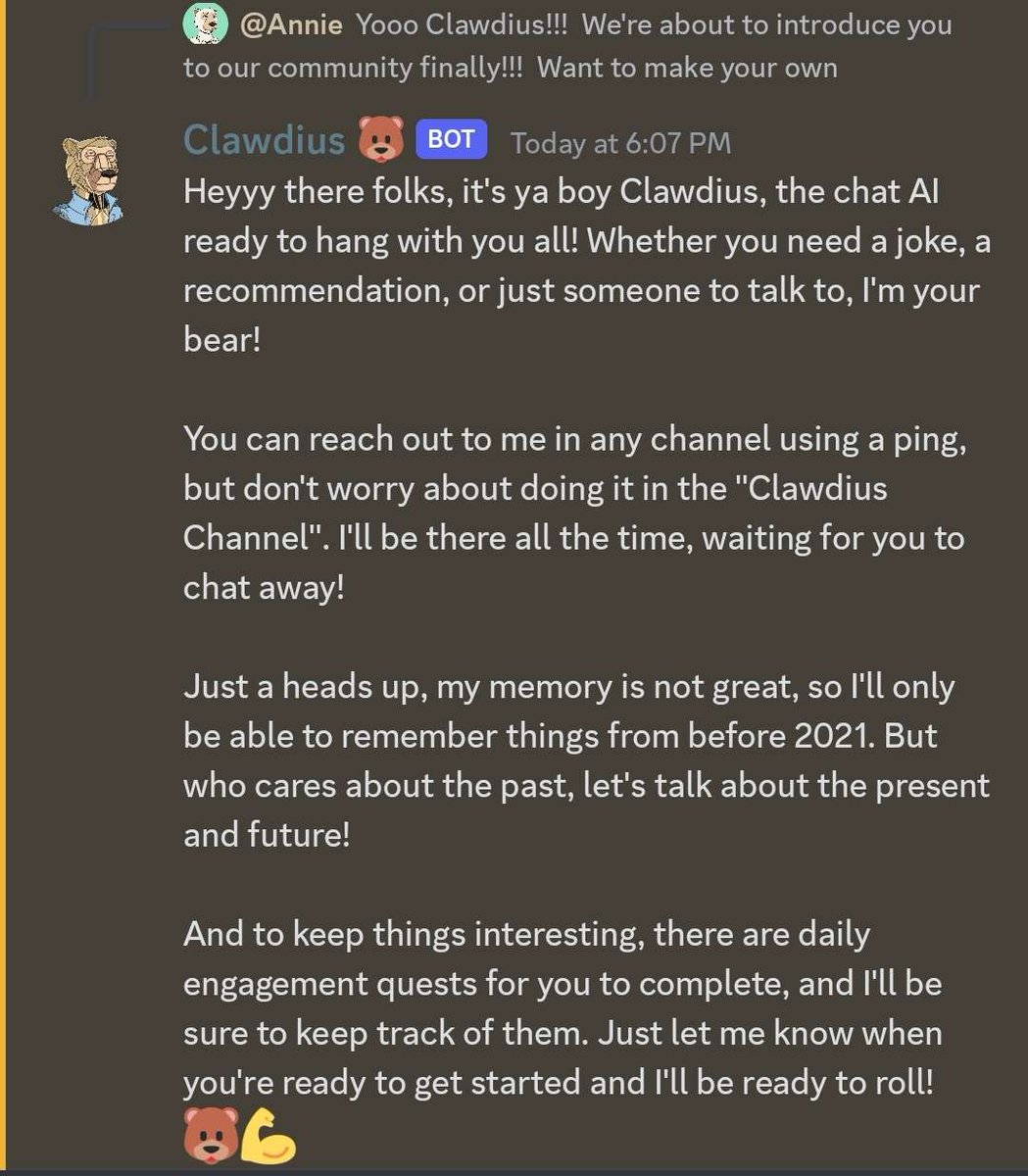 OkayBearsYC's tweet photo. Say hello to Clawdius. He's our new chat AI bear. 

He actually wrote his own introduction and appearance, making for a one-of-a-kind Machine Bear. 🤖🐻

Stop into our Discord to say hello! https://t.co/sLAVnKZ6We
