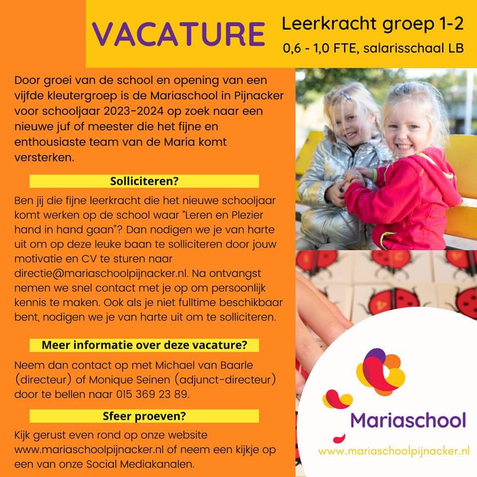 VACATURE | Voor het nieuwe schooljaar zijn wij op zoek naar een leerkracht voor groep 1-2 (0,6-1,0 FTE).

Meer info over <a href="/MariaschoolSKOP/">Mariaschool Pijnacker</a>? Neem dan een kijkje op mariaschoolpijnacker.nl. 

Je bent van harte welkom! 
#vacatures #basisonderwijs #kleuters #vacaturevrijdag #Pijnacker