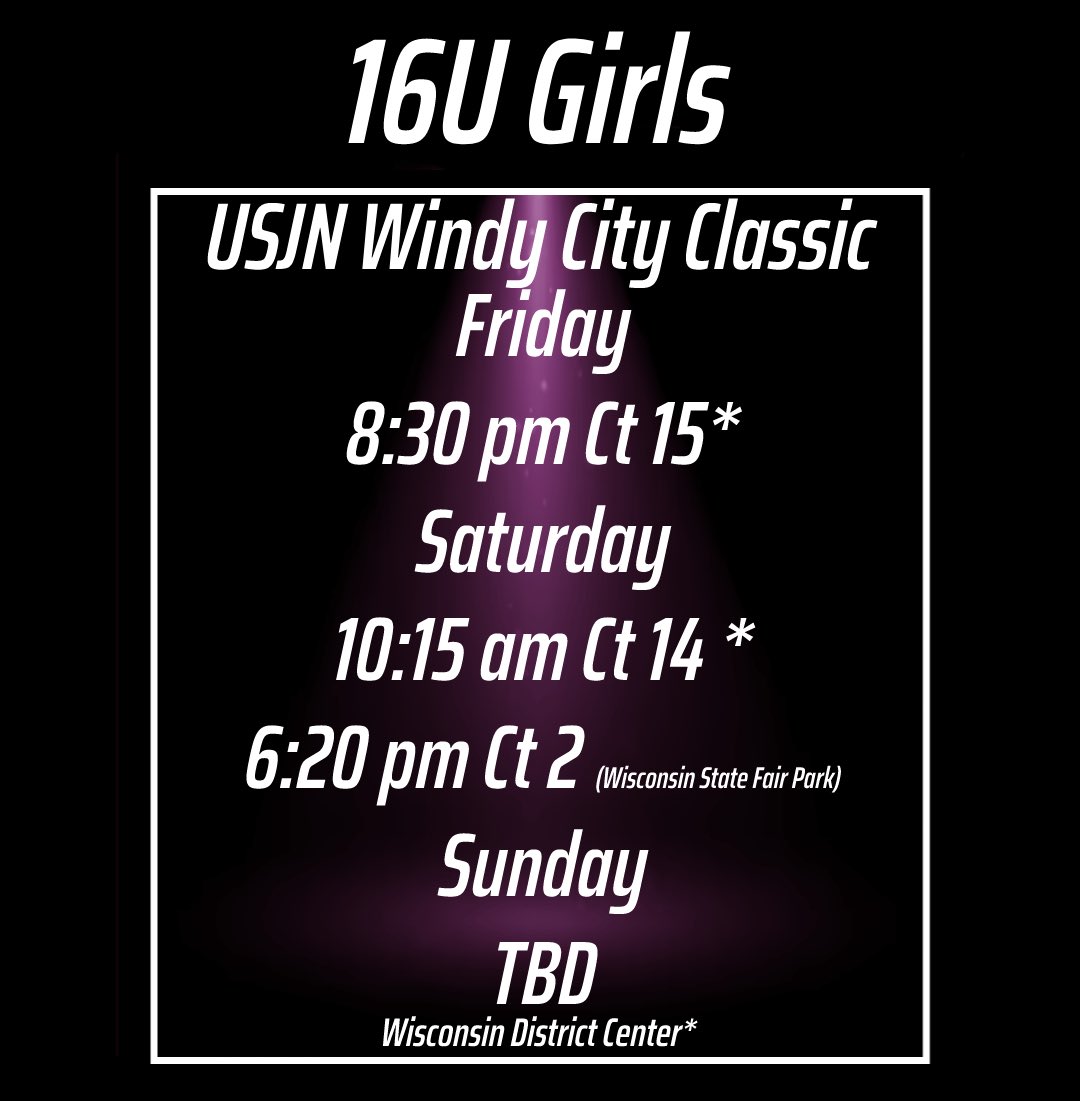 Excited to play at the  USJN Windy City Classic starting tonight!

<a href="/allison3gray/">Allison Gray</a> <a href="/25mzuhlke/">Mckenzie Zuhlke</a> <a href="/JoySchulze6/">Joy Schulze</a> <a href="/KylieHeller4/">Kylie Heller</a> <a href="/emma_sampson16/">Emma Sampson</a> <a href="/USJN/">USJN</a>
