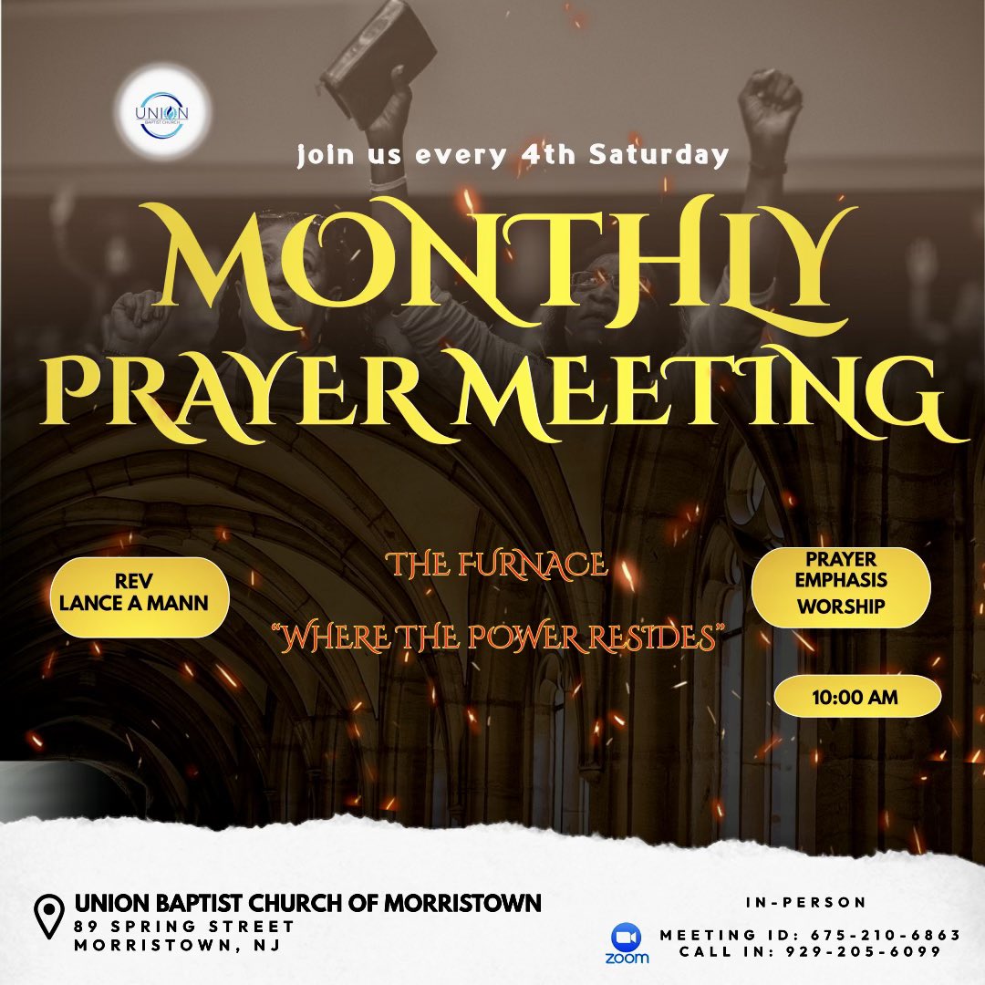 UnionMorristown's tweet photo. Monthly Prayer Meeting

Tomorrow morning at 10 am EST either in-person or on our Zoom Platform! Our Associate Ministers will lead us in scripture and prayer! Our prayer emphasis will be on Worship of our God in a more passionate and complete way! Be our guests! #unionnation https://t.co/ZY7unBXEU4