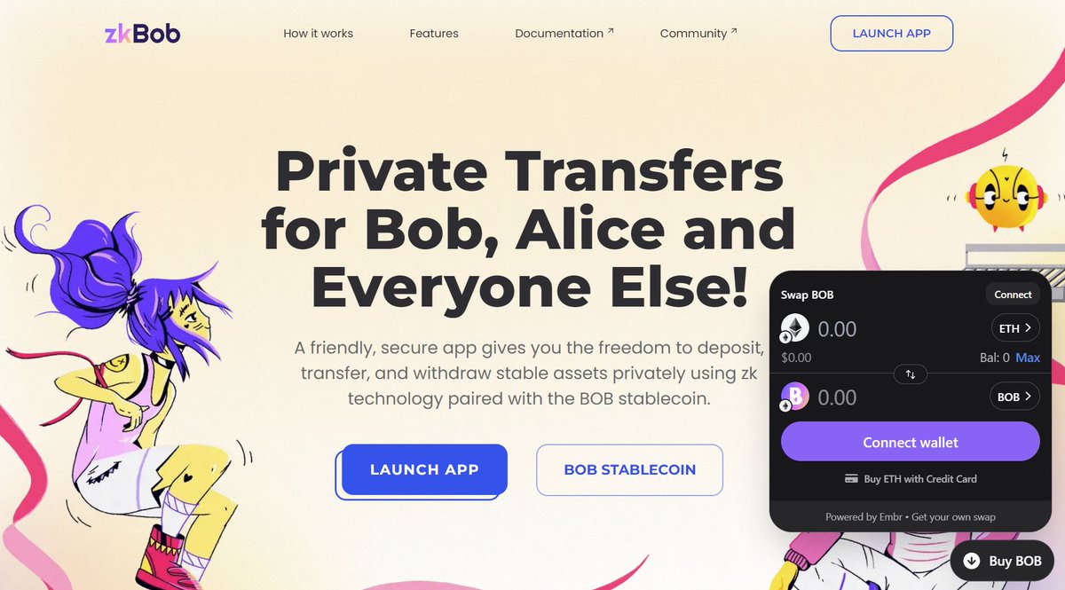 zkBob_'s tweet photo. We've made acquiring $BOB a breeze, thanks to our partnership with @embrdotorg 🤝

You can now buy $BOB directly on our landing page ⚡️

Head over to https://t.co/WVCyvcVBUp to try it out now! 🔥 https://t.co/rdfGPe7UYT
