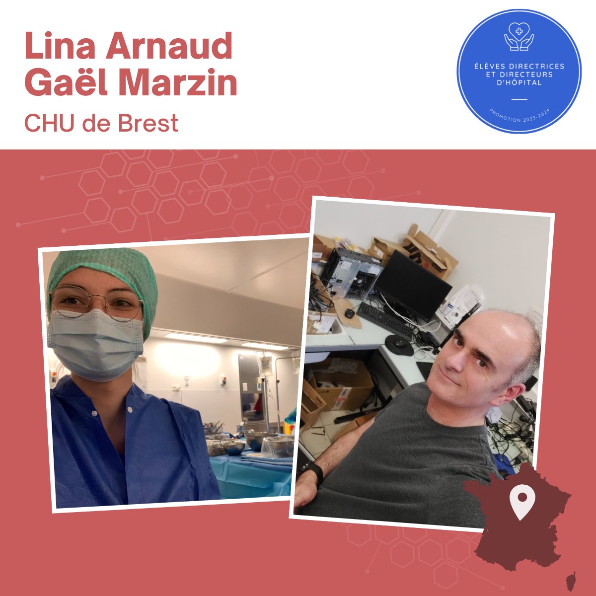 EDH_2023_2024's tweet image. Suite des stages #EDH en Bretagne au @CHRU_Brest. Sur les photos, @LinaArnaud et Gaël Marzin 
témoignent de la complémentarité des parcours qu'ils ont pu suivre en stage, ici au bloc opératoire lors d'un prélèvement multiorganes mais aussi au cœur des services techniques⬇️