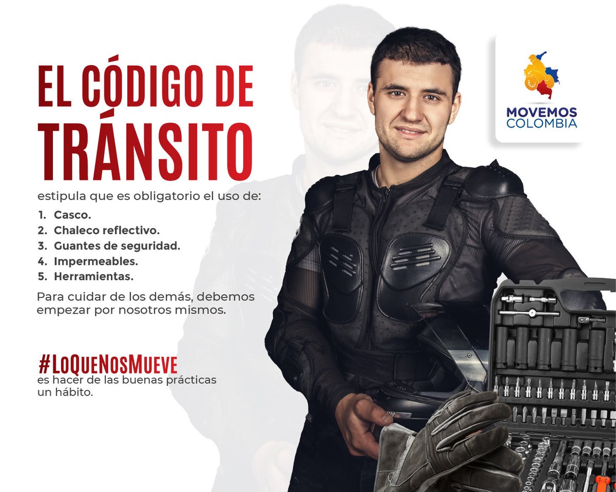MovemosCol's tweet photo. Antes de salir, asegúrate de tener todos los implementos necesarios para protegerte en la vía 🏘️
#SeguridadVial #codigodetransito #movemoscolombia #DATO https://t.co/WutI4x2y7n
