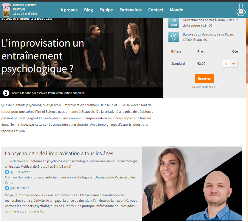 🎟️Il est temps de réserver votre soirée science et impro le 24 mai à <a href="/villedebeauvais/">villedebeauvais</a> 
🔜 On y sera avec <a href="/JuDeWever/">De Wever Julie 🔎</a> pour partager les dernières connaissances scientifiques sur l'impro 
🔗pintofscience.fr/event/improvis…
