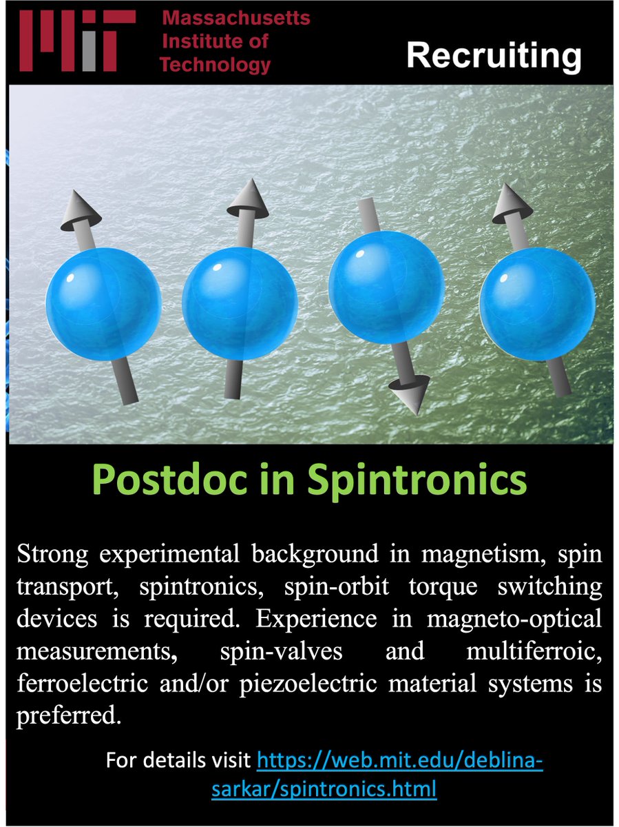 DeblinaSarkar59's tweet image. Pls #share. Fully funded position in my lab @MIT for #postdoc in #Spintronics. Strong #experimental background in magnetism, spin transport, spintronic devices, #spin-#orbit #torque (SOT) switching devices is required.
web.mit.edu/deblina-sarkar…
@medialab @mit_nano @IEEEEDS