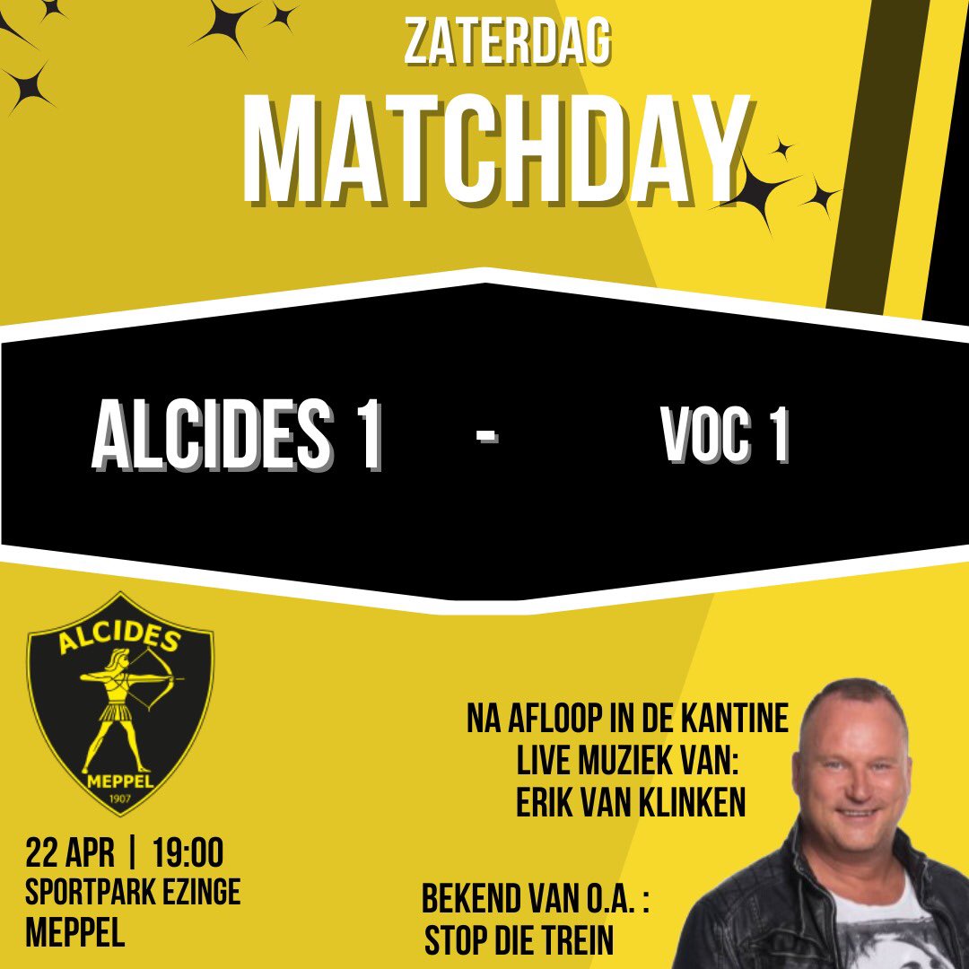 Morgen speelt Alcides ZO1 om 19:00 uur op Sportpark Ezinge tegen VOC uit Rotterdam. De mannen van Wilko Niemer gaan nog vol voor het behalen van de nacompetitie voor lijfsbehoud in de 4e divisie en kunnen daarom de steun langs de lijn goed gebruiken! 🟡⚫️⚽️ #letsgoboys 💪🏻