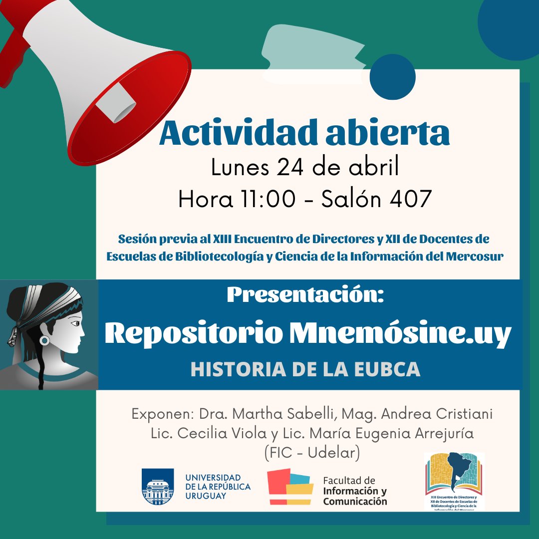 Presentación del repositorio Mnemosine

La actividad se realizará en el marco del Encuentro de Directores y Docentes de Escuelas de Bibliotecología y Ciencia de la Información del Mercosur.
🗓24/4
🕚 11.00
📍Salón 407

🔗congresos.udelar.edu.uy/encuentromerco…
