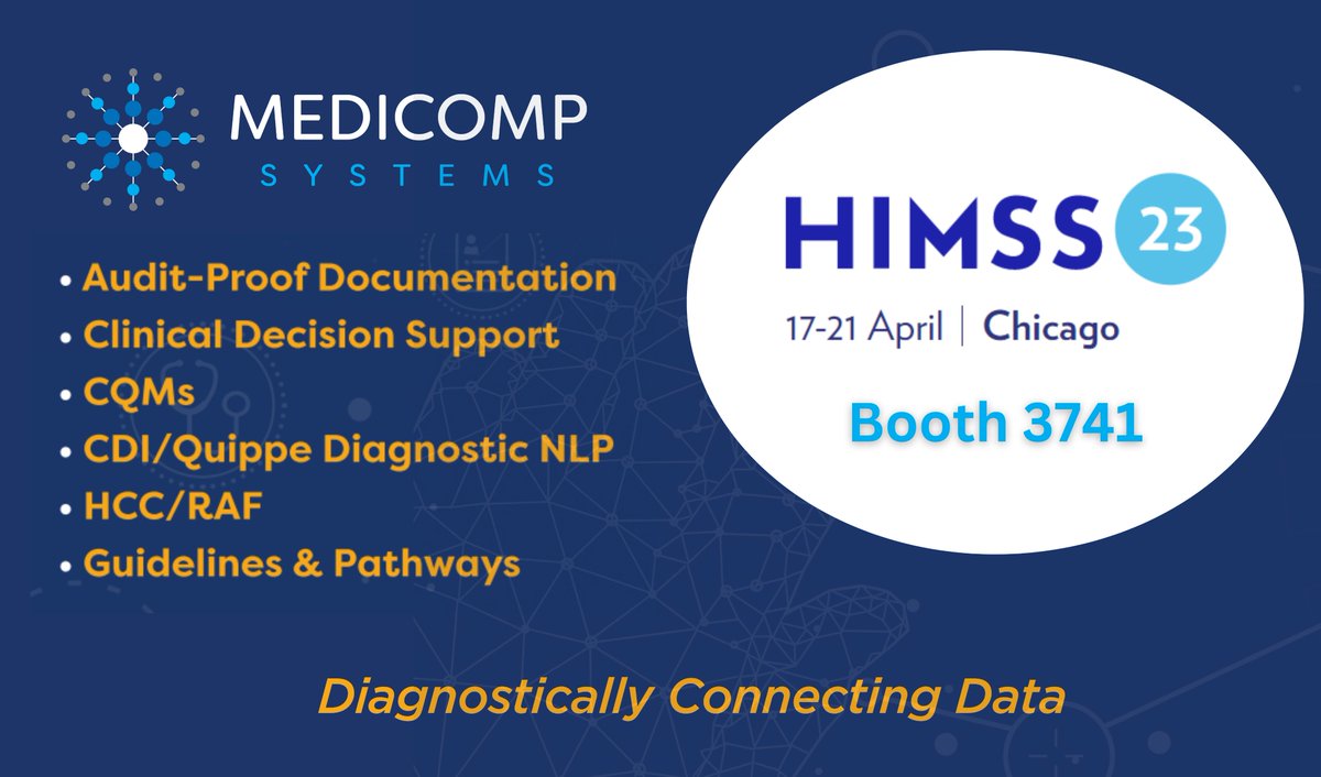 MedicompSys's tweet image. 💡Deliver actionable info at the #PointOfCare
💡Streamline workflows & increase productivity
💡Improve real-time quality compliance
💡Audit-proof HCC billing & documentation
💡Power existing #EHRs with clinical relevancy engine
bit.ly/3zLbfUf/ | #ClinicalWorkflow @HIMSS