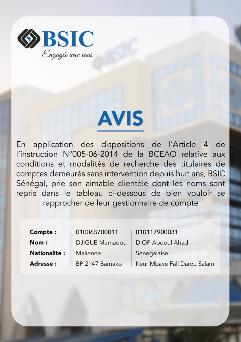 BsicSenegal's tweet photo. Informations Importantes !🚨🚨🚨🚨. #Bsic #sunubank #informationimportante https://t.co/nuZnkfZ2qz
