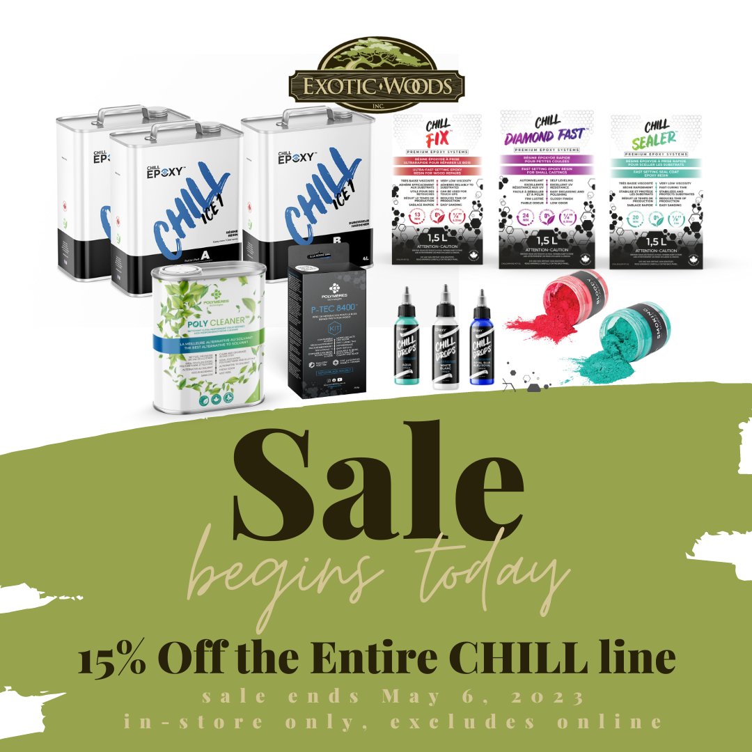 canwoodworking's tweet photo. 15% OFF in-store sale on all CHILL #Epoxy and #Polymeres at Exotic Woods #Woodworking #Workshop #Furniture #DIY #HandMade #WoodFinishing #Make #Trades #Home #Design #Renovation #Contractor #CanadianWoodworking #canwoodworking TODAY ONLY: https://t.co/D6K14IuuXf https://t.co/chrLCrsDNM