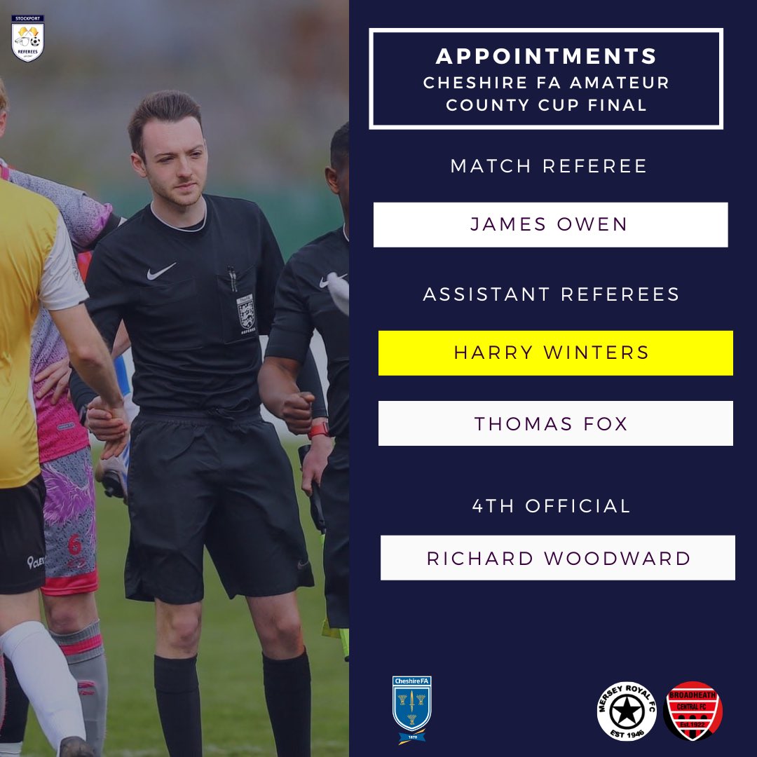 StockportRefs's tweet photo. 👏 Good luck to our Media Officer, Harry Winters, as he acts as the Assistant Referee on tonight’s @Cheshire_FA County Cup Final! 
Congratulations on the appointment, Harry! 
@CCFARefs https://t.co/18hfSEGcDU