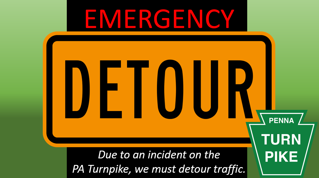 PATurnpikeAlert's tweet photo. EMERGENCY ROAD CLOSURE - #PaTurnpike I-76 West between Downingtown Exit #312 and Morgantown Exit #298. Due to an crash, all westbound traffic must exit at Downingtown Exit #312. See below for recommended detour. @PA_Turnpike @TotalTrafficPHL https://t.co/RYEl2vxmVE