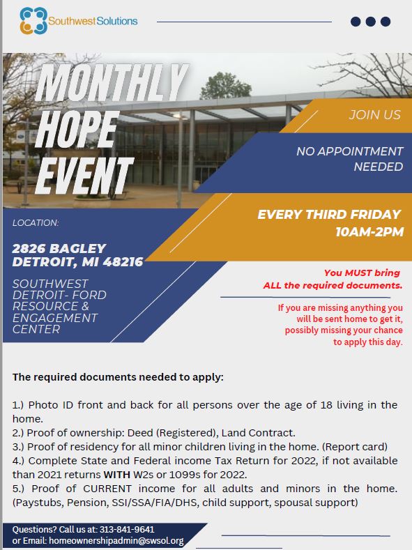 Today is the last day #Detroit residents can submit and receive a determination on their HOPE property tax exemption in time for the March Board of review. <a href="/SWSolDetroit/">Southwest Solutions</a> is hosting an event to help you today.