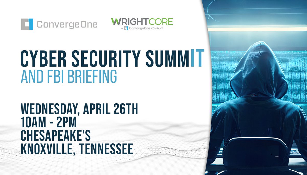 wrightcoreinc's tweet photo. #Knoxville area #ITSecurity professionals, #secure your spot today for the @Converge_One + @wrightcoreinc  #CyberSecurity SummIT with #FBI providing updates. @AWNetworks @ArubaNetworks @BarracudaMSP @Fortinet @HPE @Veeam 
Registration: https://t.co/nRyQKvTpRQ https://t.co/bgaHB1Dn4i
