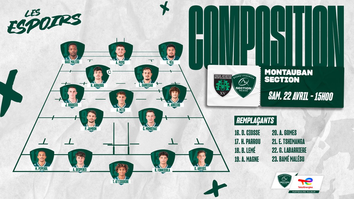 SectionPaloise's tweet photo. ๐ La compo de nos Espoirs pour affronter Montauban cet aprรจs-midi ! Bon match ร nos jeunes ๐ช
#SectionEspoirs #SectionFormation #HonhaSection https://t.co/dixzHtn5lG
