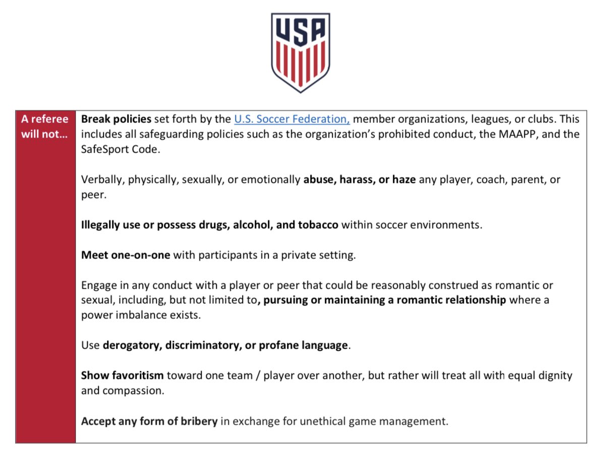 NRDP_SRA's tweet photo. Did you know all referees have a code of conduct upheld by US Soccer? Does your club or team's code of conduct compare? What message is that sending? #sportsmanship #sidelinebehavior https://t.co/dKHYUWieM2