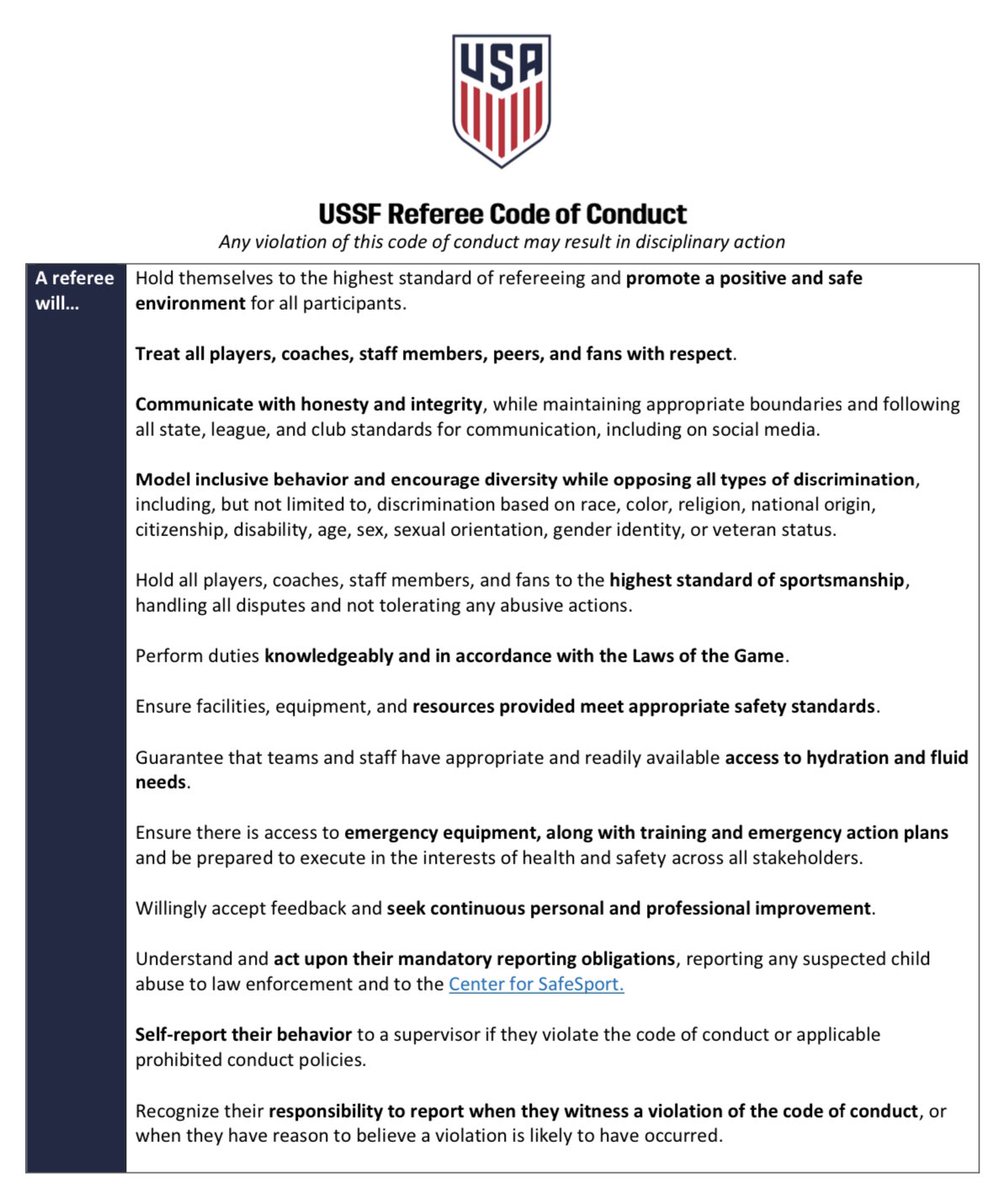 NRDP_SRA's tweet photo. Did you know all referees have a code of conduct upheld by US Soccer? Does your club or team's code of conduct compare? What message is that sending? #sportsmanship #sidelinebehavior https://t.co/dKHYUWieM2