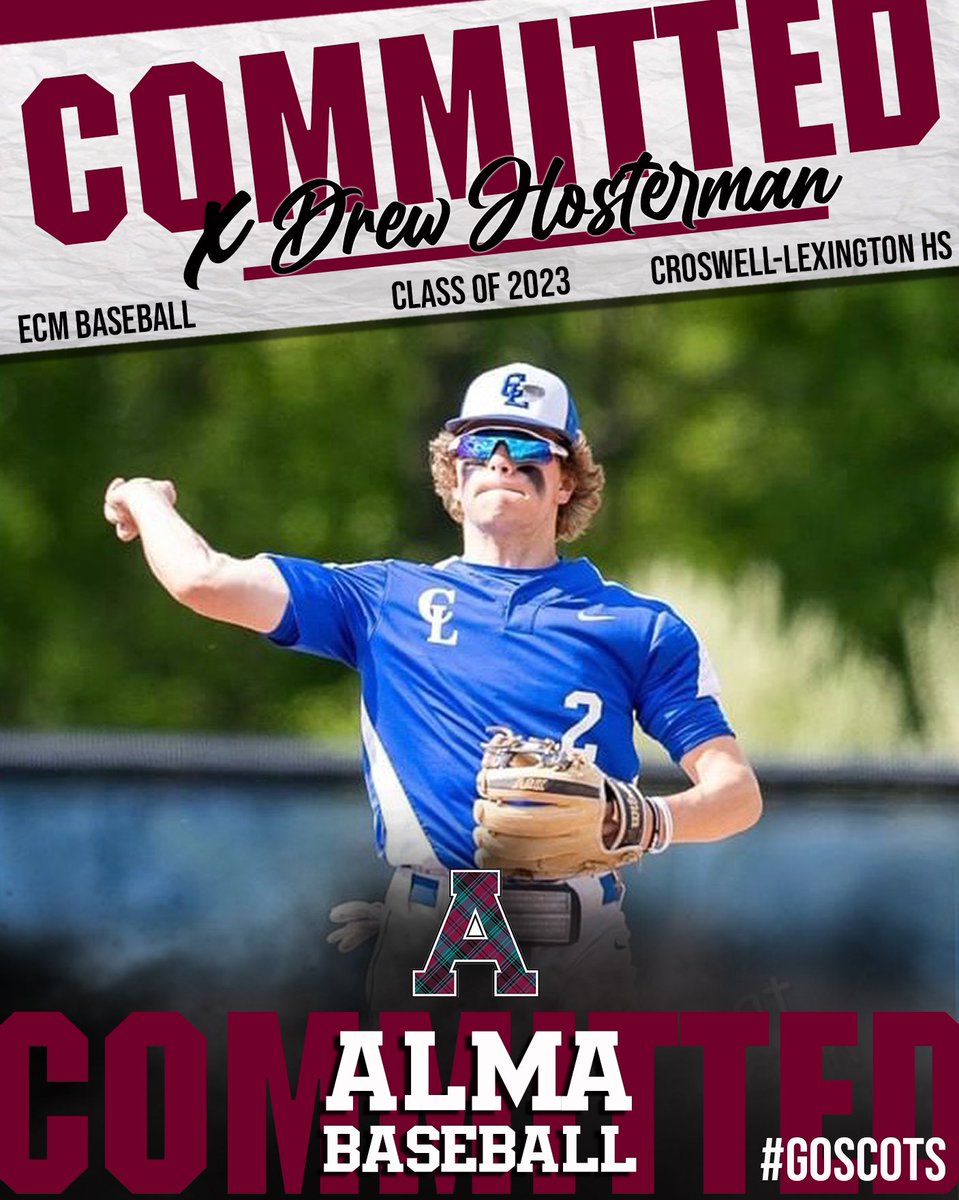 Drew Hosterman (@drew_hosterman) on Twitter photo I am very exited to announce that I will be furthering my academic and athletic career at Alma college. Thank you to all of my family, friends, and coaches that have made this possible. Go Scots! <a href="/coachjcrain/">Jason Crain</a> <a href="/dveres/">Dave Veres</a> <a href="/AlmaScotsBSB/">Alma College Baseball</a> I am very exited to announce that I will be furthering my academic and athletic career at Alma college. Thank you to all of my family, friends, and coaches that have made this possible. Go Scots! <a href="/coachjcrain/">Jason Crain</a> <a href="/dveres/">Dave Veres</a> <a href="/AlmaScotsBSB/">Alma College Baseball</a>