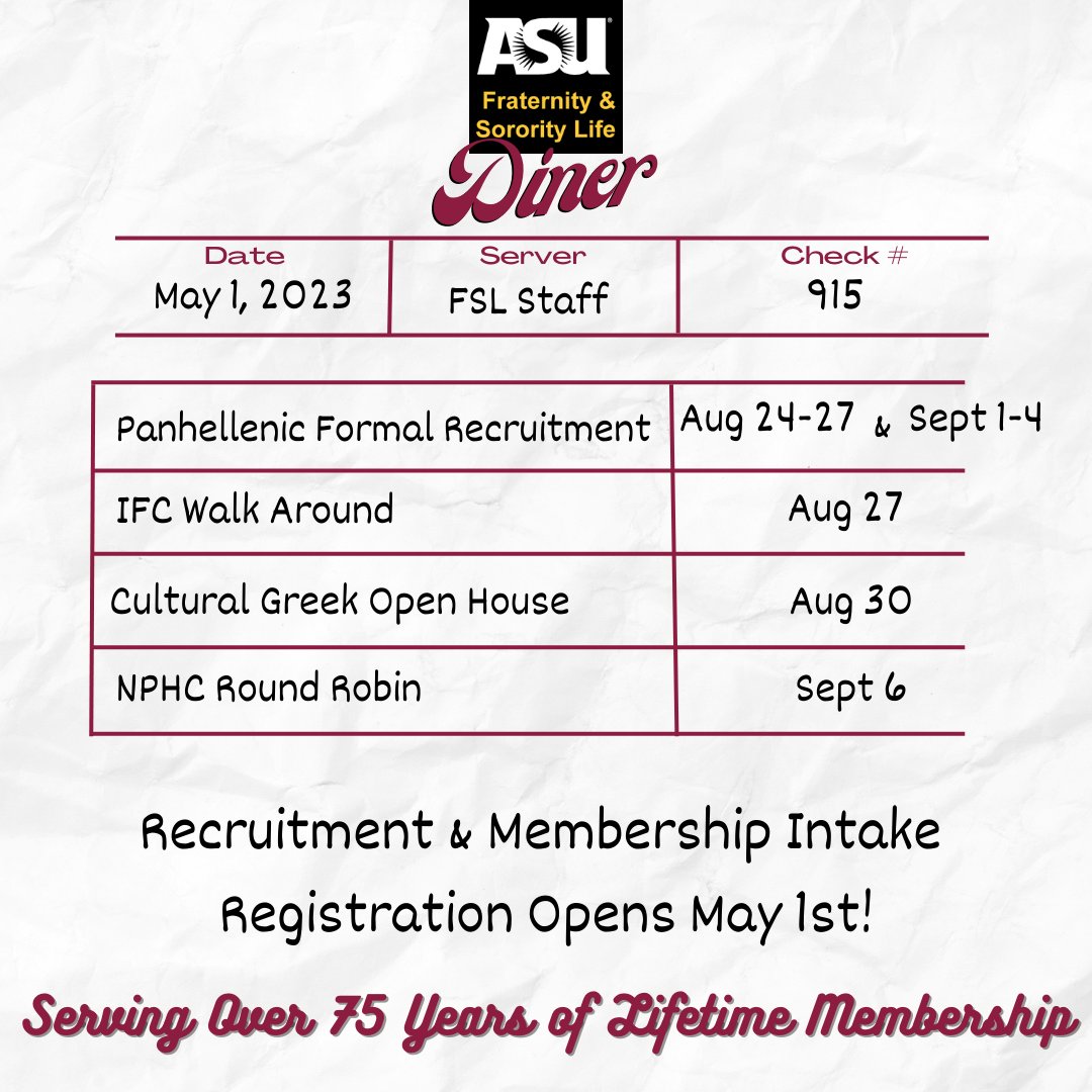 Step right up and take a seat! We're serving up sisterhood/brotherhood, and you're invited to the table.  Registration opens May 1 #JoinTheFamily #asugreeklife #collegedecisionday #asu26 #asu2026 #asu27 #asu2027 #futuresundevil