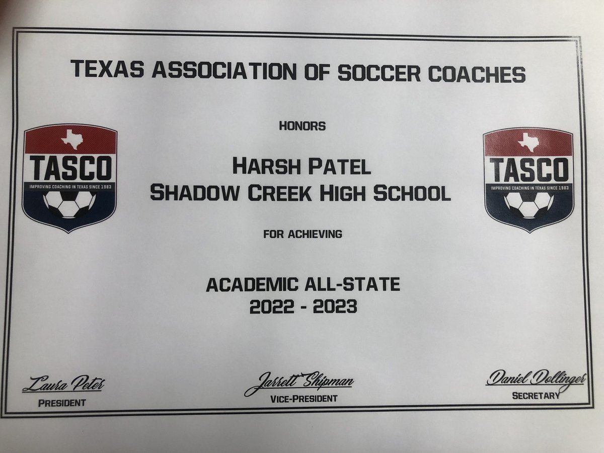 Congratulations Harsh Patel on being name an Academic All-State athlete by the Texas Association of Soccer Coaches. We are extremely proud of you!