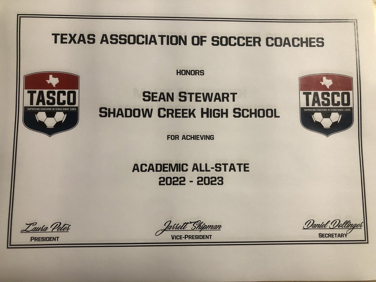Congratulations Sean Stewart on being name an Academic All-State athlete by the Texas Association of Soccer Coaches. We are extremely proud of you!