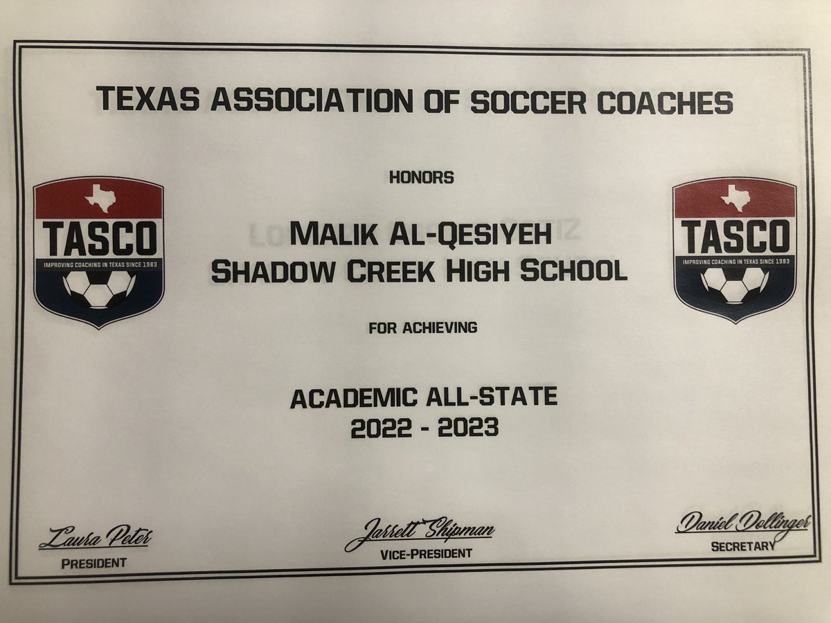 Congratulations Malik Al-Qesiyeh on being name an Academic All-State athlete by the Texas Association of Soccer Coaches. We are extremely proud of you!