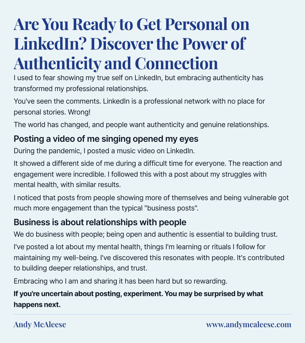 Posting personal stories on LinkedIn is scary.

But, showing more of yourself can be so rewarding - and welcomed.