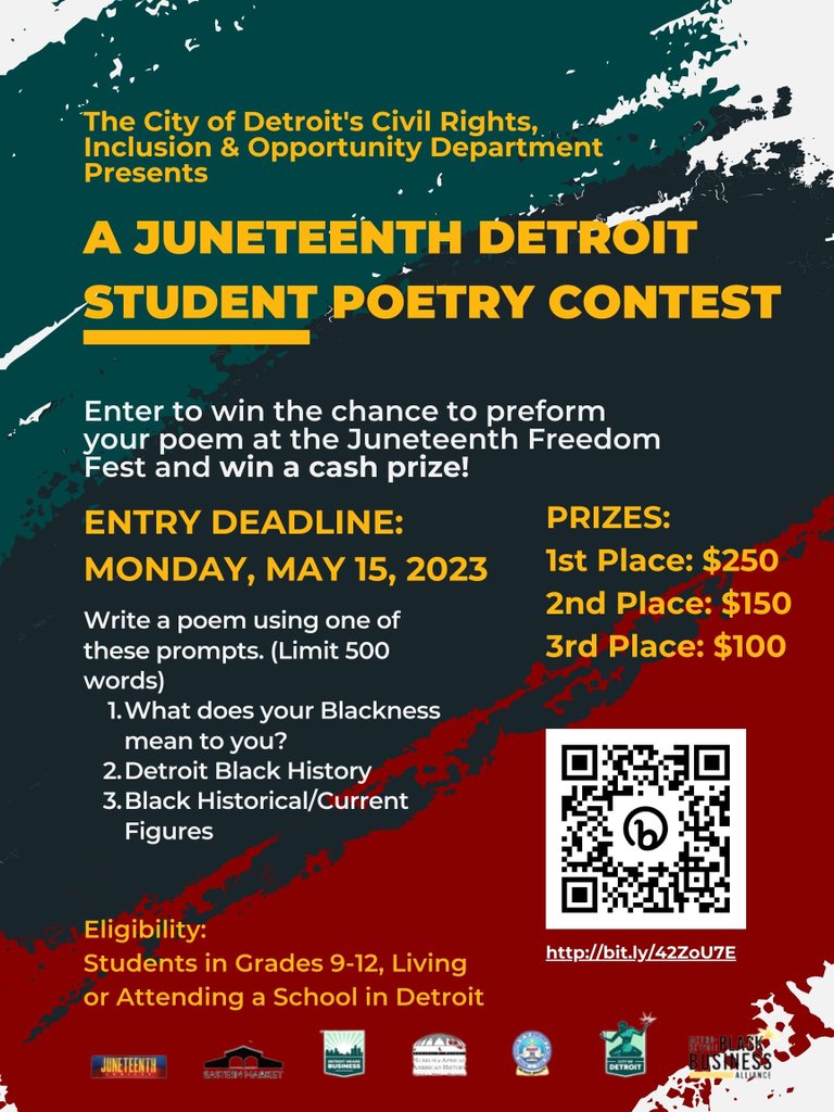 The CRIO Department is hosting a Juneteenth Poetry Contest for Detroit Students with a cash prize for the top 3 winners! Make sure to enter by Monday, May 15th!