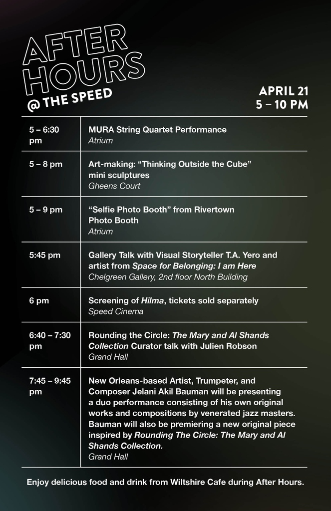 SpeedArtMuseum's tweet photo. Here is the schedule for tonight's #AfterHours at #yourSpeed. Grab your ticket asap!
https://t.co/ixt6XUGco4 https://t.co/F8UlkQRzJX