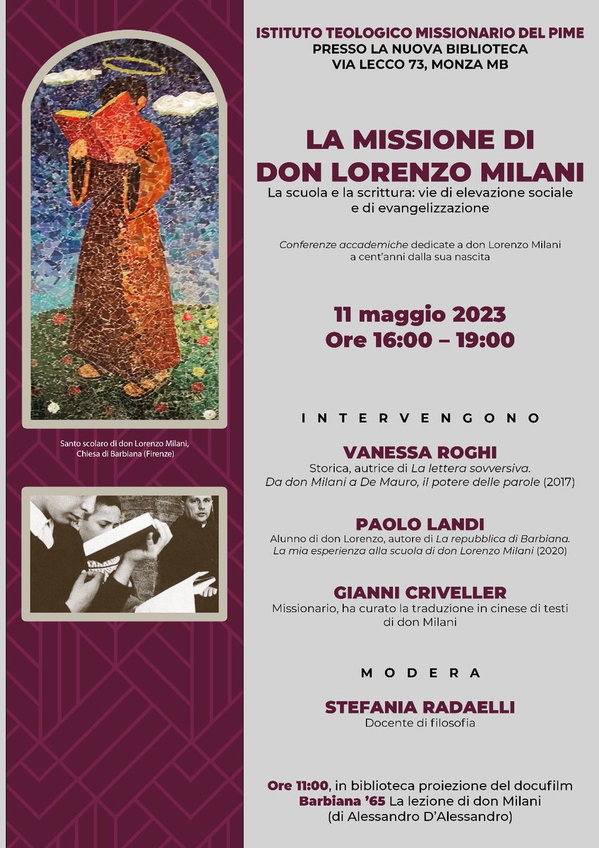 11 maggio al Pime di Monza evento dedicato a don Lorenzo Milani