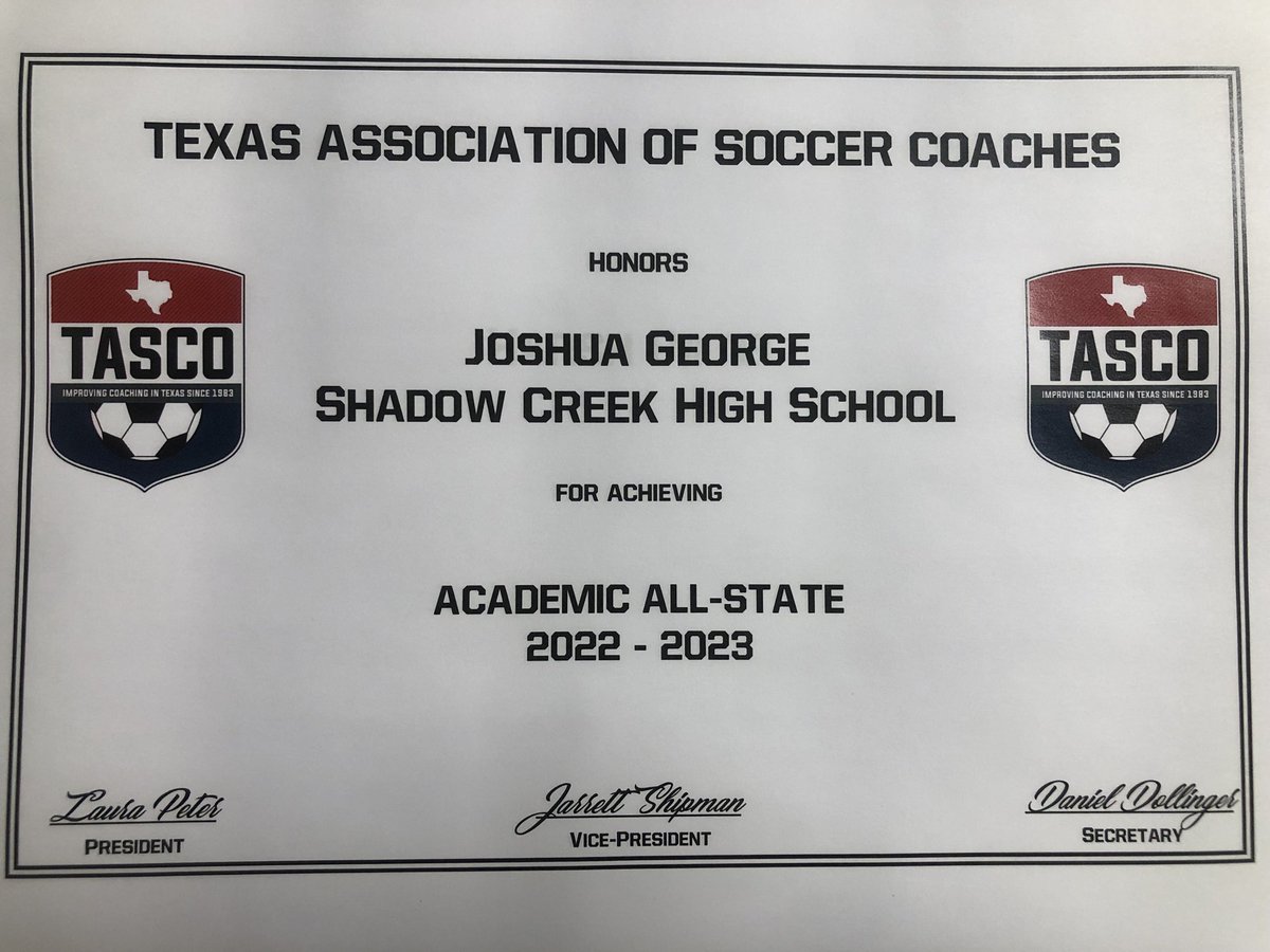 Congratulations Josh George on being name an Academic All-State athlete by the Texas Association of Soccer Coaches. We are extremely proud of you!