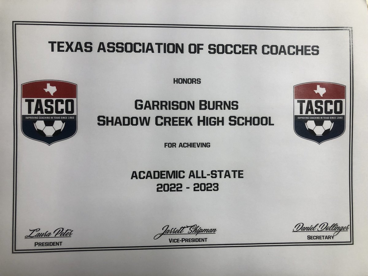Congratulations Garrison Burns on being name an Academic All-State athlete by the Texas Association of Soccer Coaches. We are extremely proud of you!
