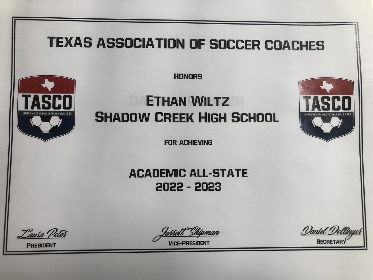 Congratulations Ethan Wiltz on being name an Academic All-State athlete by the Texas Association of Soccer Coaches. We are extremely proud of you!