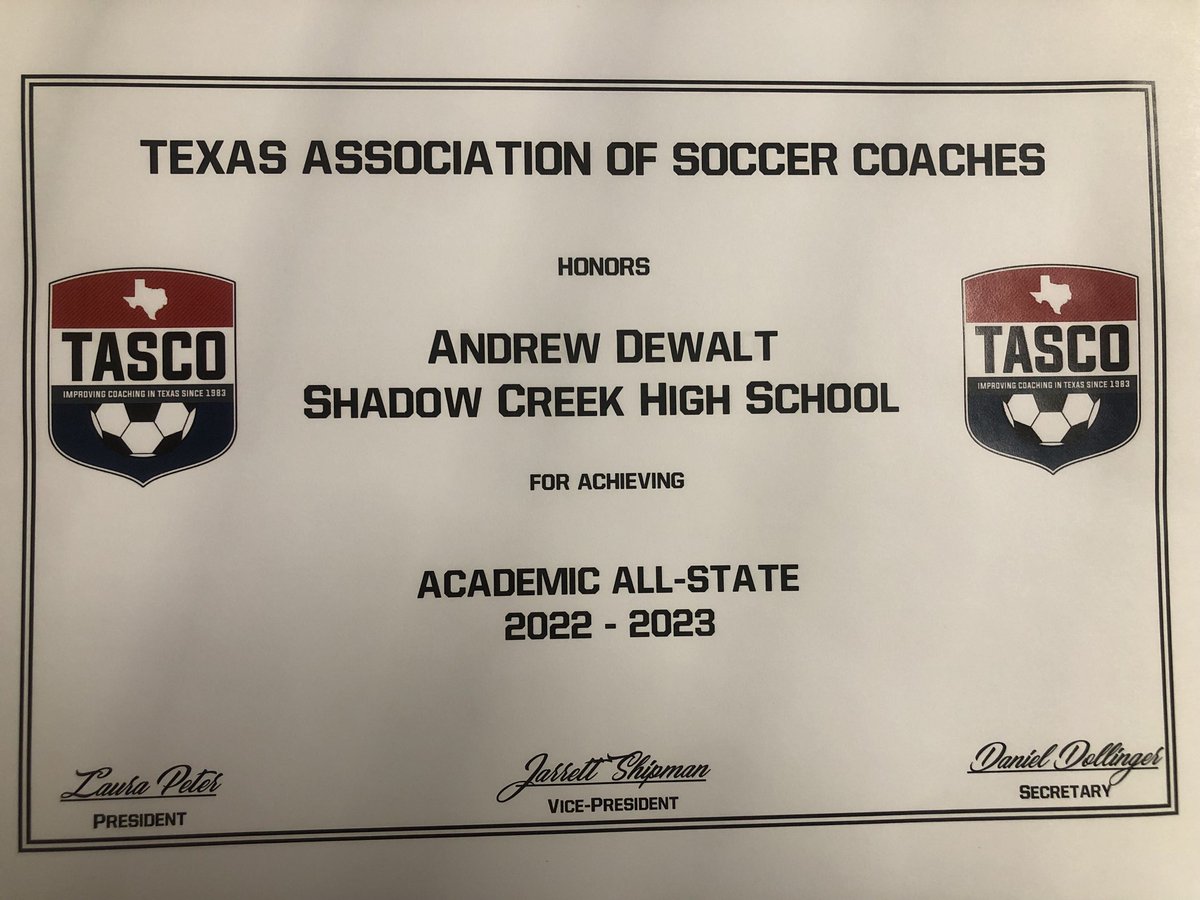 Congratulations Andrew Dewalt on being name an Academic All-State athlete by the Texas Association of Soccer Coaches. We are extremely proud of you!