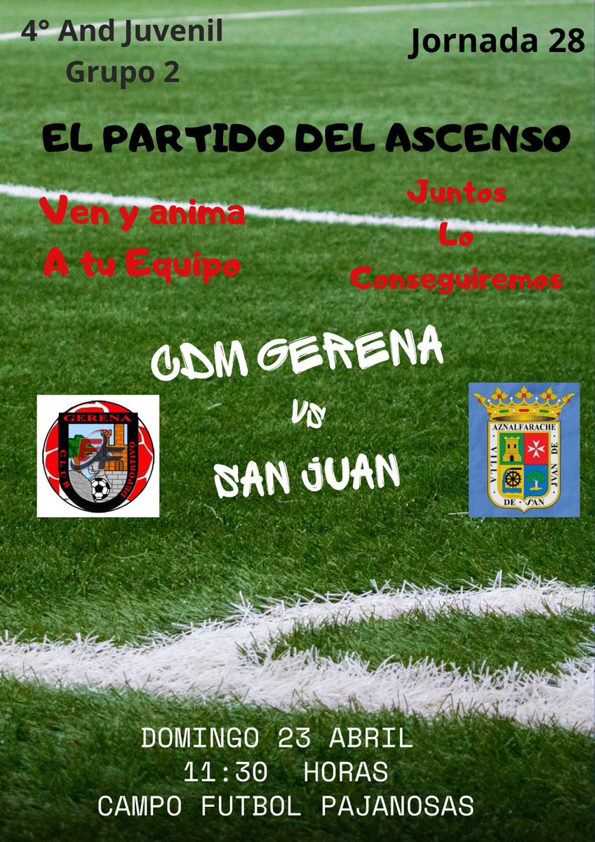 Cdm_Gerena's tweet photo. Este Domingo nuestro equipo Juvenil puede conseguir el campeonato y el ascenso de categoría. Suerte⚽️💪🏻🔝 https://t.co/IBVY8T1uvP