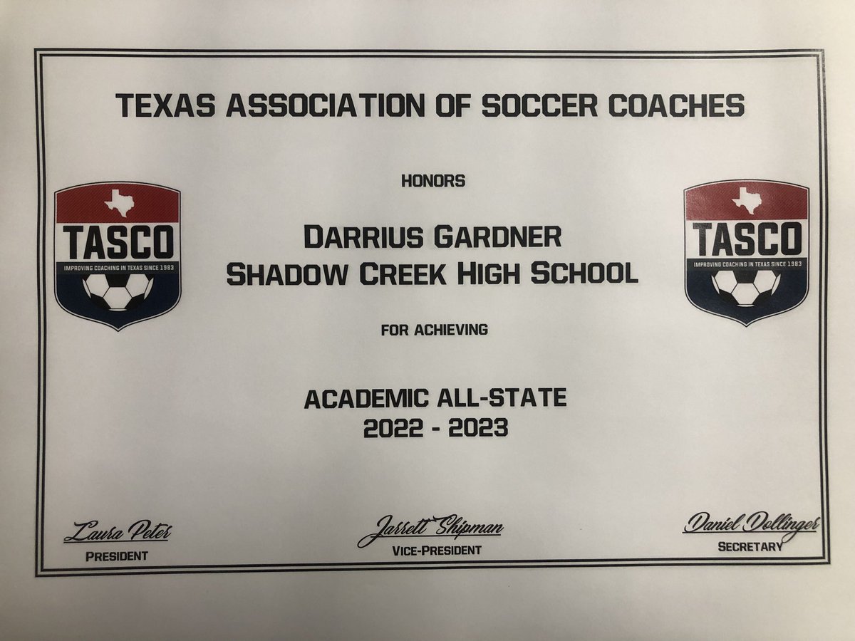 Congratulations Darrius Gardner on being name an Academic All-State athlete by the Texas Association of Soccer Coaches. We are extremely proud of you!
