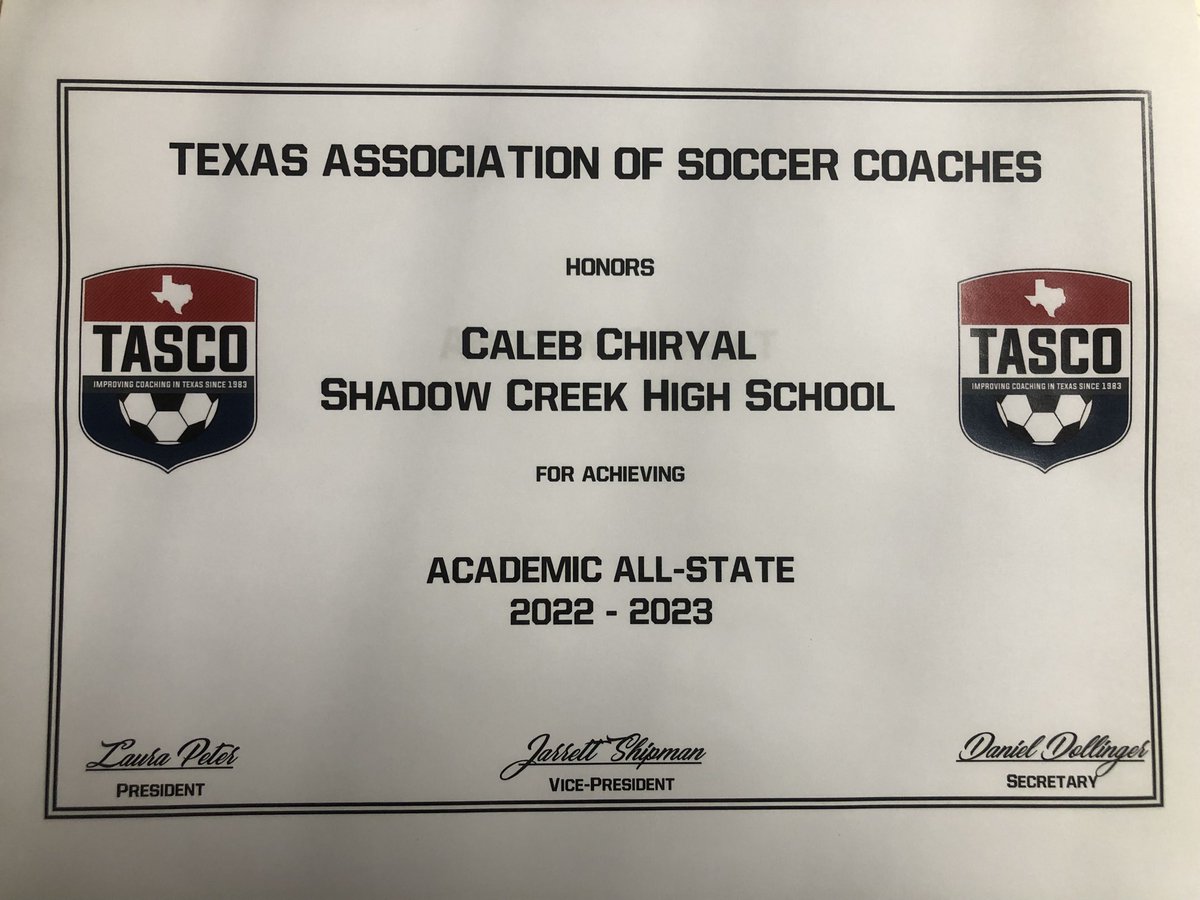 Congratulations Caleb Chiryal on being name an Academic All-State athlete by the Texas Association of Soccer Coaches. We are extremely proud of you!