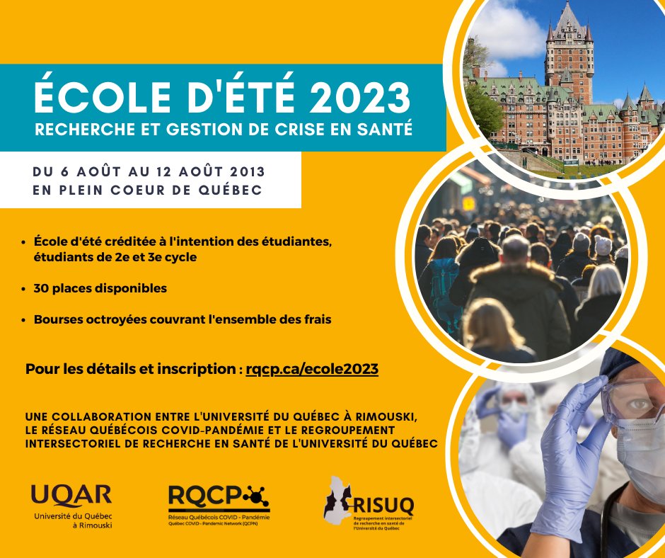 Nous sommes fiers de proposer aux étudiant·e·s gradué·e·s du Québec le cours intensif d'une semaine «Recherche et gestion de crise en santé». 

L’École accueillera cet été 30 personnes sur le Campus de l’Université du Québec (à Québec).

À qui la chance? rqcp.ca/ecole2023/