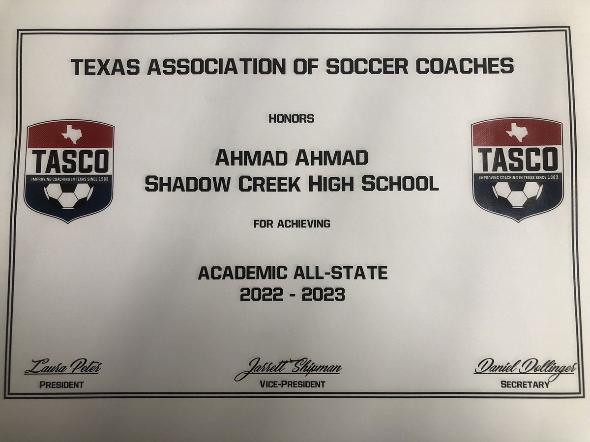 Congratulations Ahmad Amhad on being name an Academic All-State athlete by the Texas Association of Soccer Coaches. We are extremely proud of you!