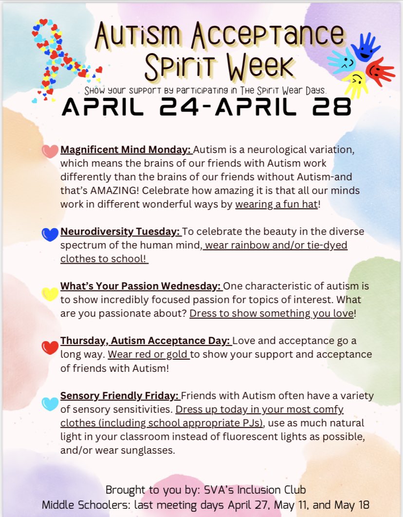 Next week is our Autism Acceptance Spirit Week! Can’t wait to see everyone showing their support! #BeRoyal #BuiltToLast <a href="/MissSaylorSVA/">Rebekah Saylor</a> <a href="/SummitViewAcad/">SVA Principal</a>