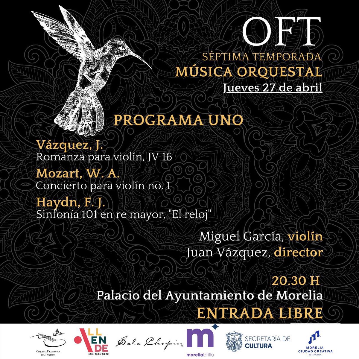 SeculMorelia's tweet photo. 🎶 La Orquesta Filarmónica Tzintzuni nos ofrecerá un gran concierto como parte de la séptima temporada.

🗓️ Jueves 27 de abril.
⏰ 20:30 hrs.
📍Palacio Municipal de Morelia. 
🎟️ Acceso Gratuito.
¡Te esperamos!
#MoreliaEsCultura #MoreliaBrilla ✨ https://t.co/wFVCSaY7IF