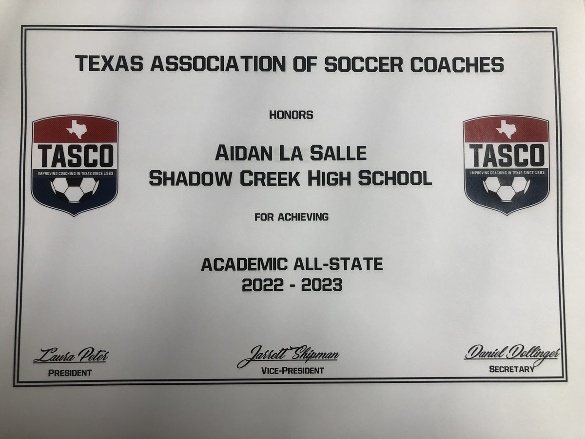 Congratulations Aidan LaSalle on being named an Academic All-State athlete by the Texas Association of Soccer Coaches. We are extremely proud of you!