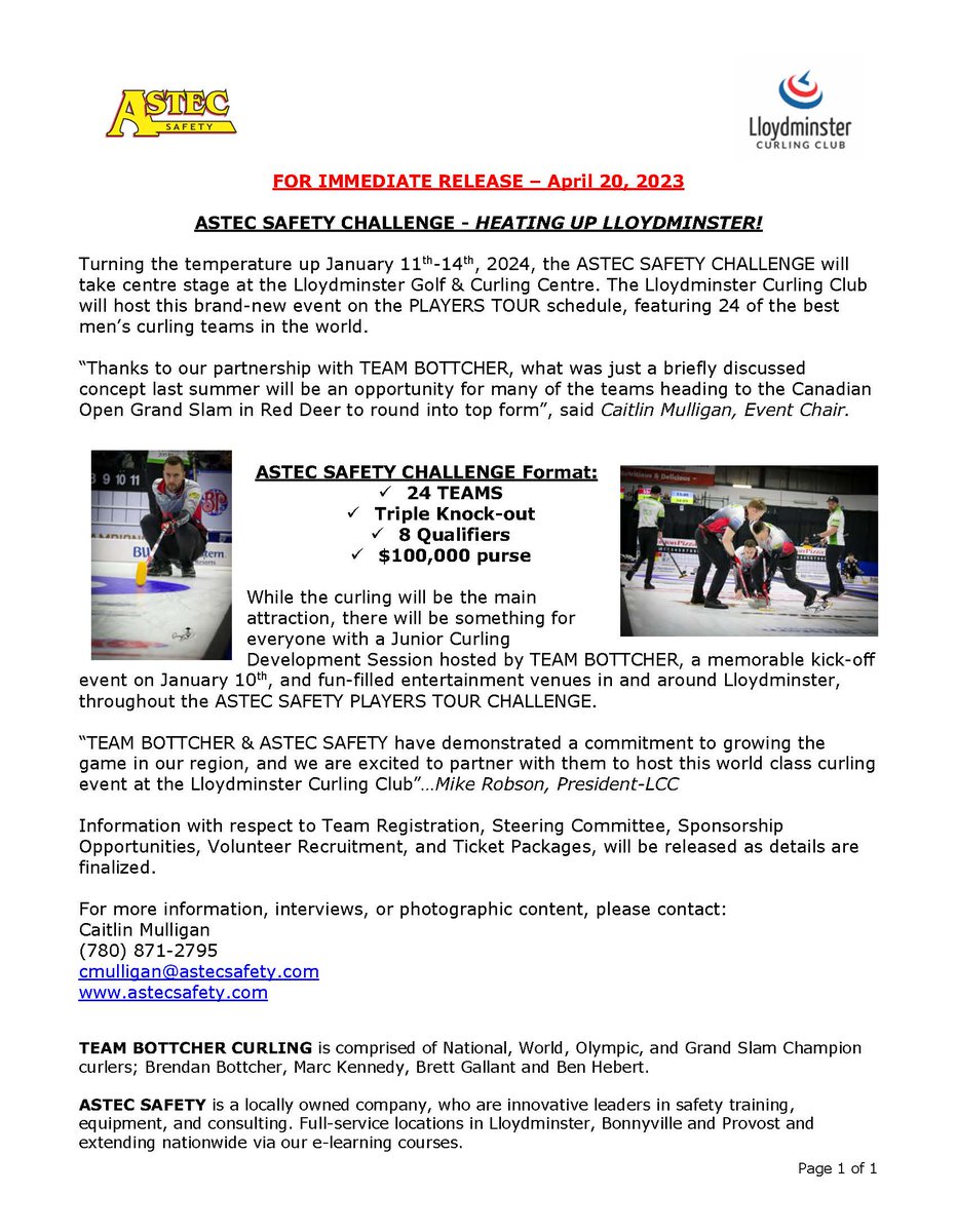 ASTECSAFETY's tweet photo. We are super excited to announce this event that we are bringing to @cityoflloyd  along with the Lloyd Curling Club and @BottcherCurling . 
Stay tuned for more information coming out. It will be a World Class Players Tour Curling Event. #yll #lloydminster #curling https://t.co/sf6vKaNF1P