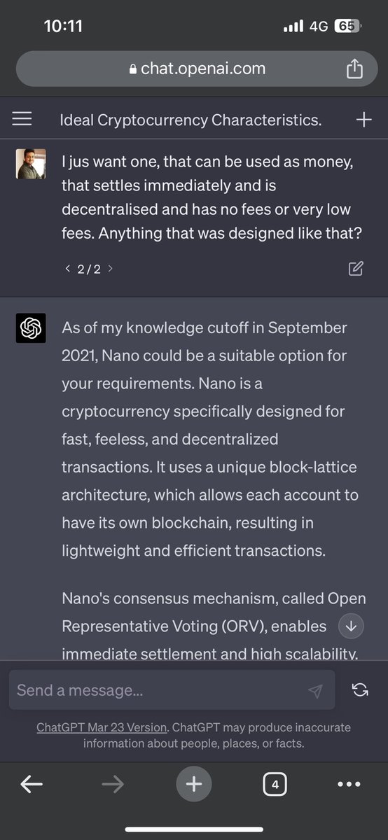 <a href="/elonmusk/">Elon Musk</a> granted humans can be greedy and tons of people shill you a lot of crypto, but the below answer is by the largest LLM and its says #Nano, how come you are tuning a blind eye? Does truth doesn’t matter? $xno #nano #btc <a href="/Tesla/">Tesla</a> 
<a href="/sendnano/">SendNano</a> .069 to first 100 who retweet