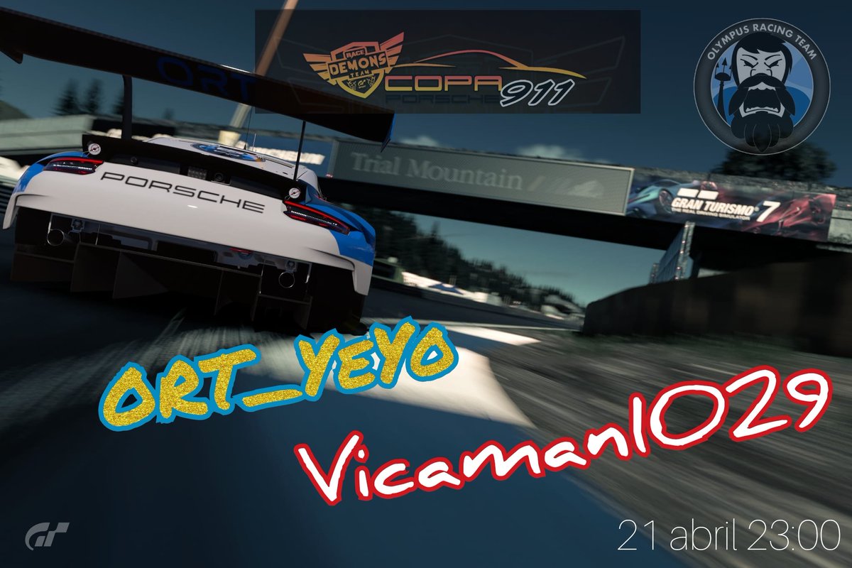 🚨RACE DAY 🚨

Porsche 911 Cup de <a href="/RaceDemons/">RACE DEMONS TEAM</a>

Conectamos con el circuito de Trial Mountain donde nuestros pilotos se encuentran reconociendo la pista para la carrera de esta noche. La dupla elegida es:

🔵 <a href="/YeYo_s86/">AXN_YeYo</a>
🔵 <a href="/vicaman1029/">El tío vica</a>

¡A por un buen espectáculo compañeros!