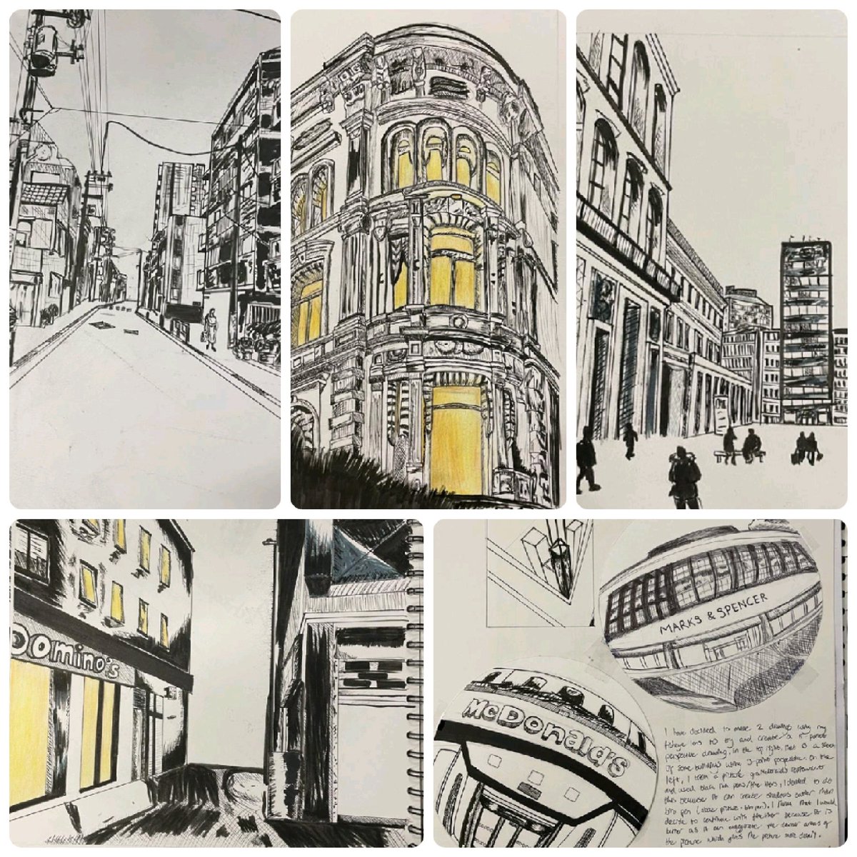 Student showcase- Kevin produced some beautiful work for his GCSE coursework last year. The small pops of colour worked really well against his pen drawings #Hardwork #GCSEArt @St_Aidans_RC