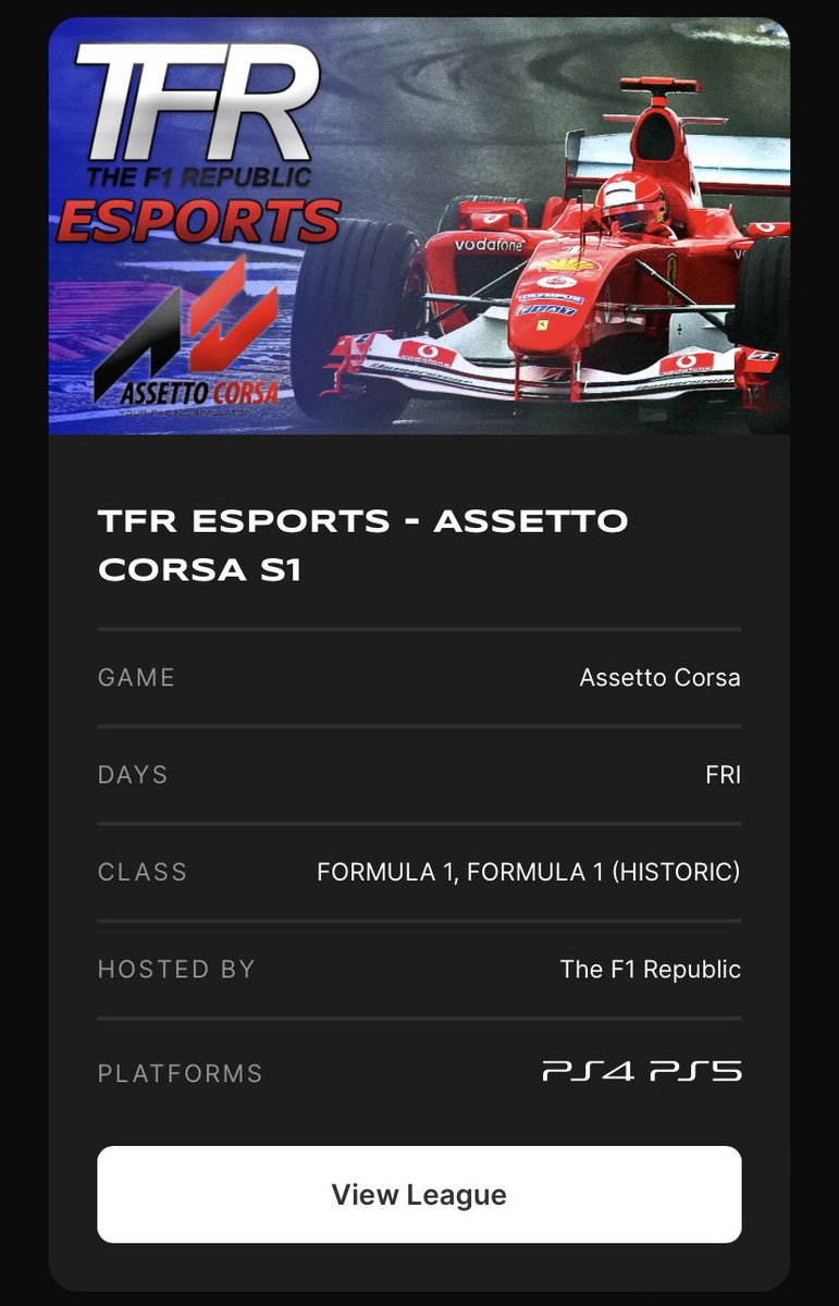 TheF1Republic's tweet photo. TFR eSport Assetto Corsa Sign ups are now available on @GridFinder π¨π
Get signing up before itβs too late!
#TFReSportsAC #GridFinder https://t.co/SB7dh5ho2H