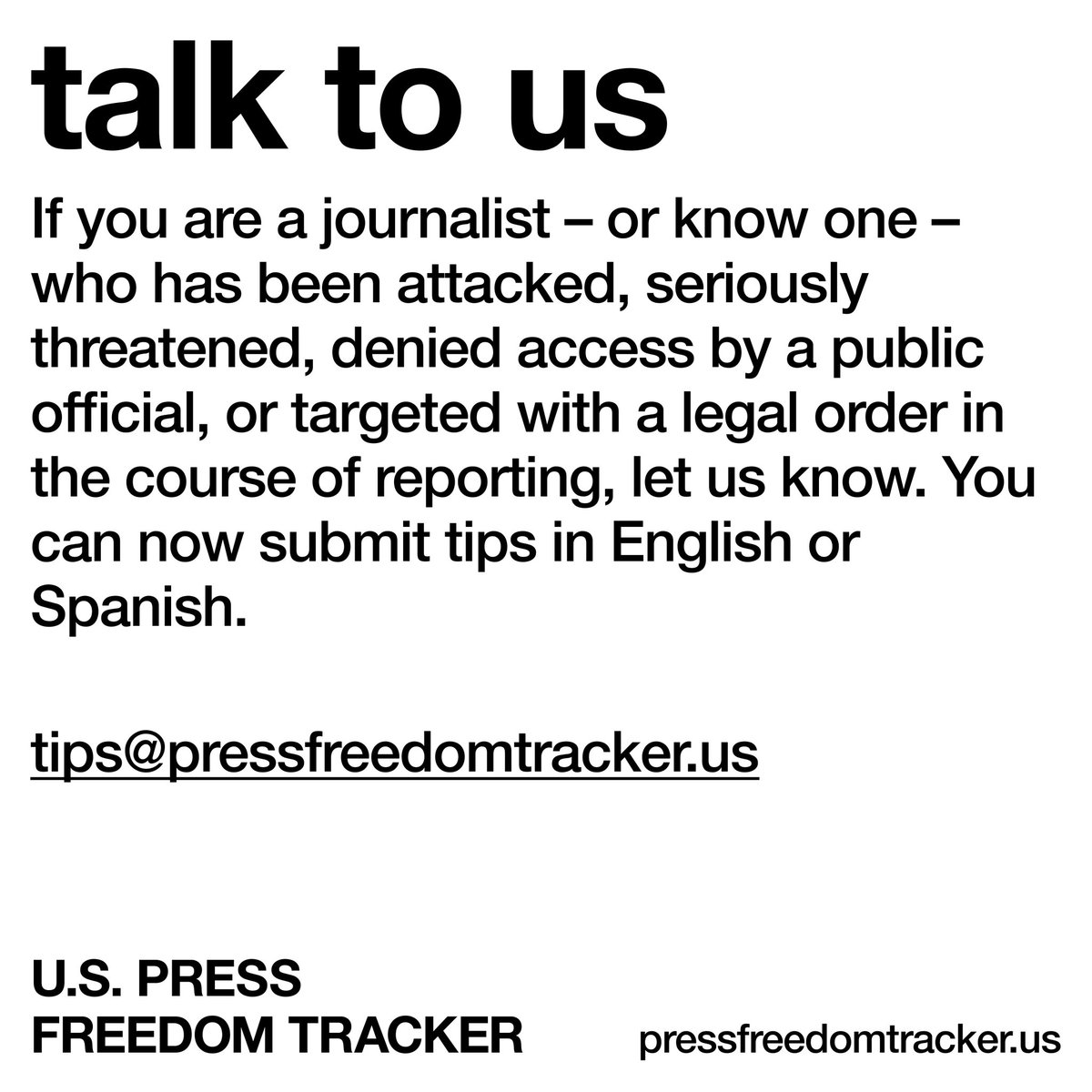 U.S. Press Freedom Tracker (@uspresstracker) on Twitter photo Your tips help us report on threats to press freedom across the nation. You can now submit tips in English or Spanish. DM, email tips@pressfreedomtracker.us, or visit pressfreedomtracker.us/submit-inciden… Your tips help us report on threats to press freedom across the nation. You can now submit tips in English or Spanish. DM, email tips@pressfreedomtracker.us, or visit pressfreedomtracker.us/submit-inciden…