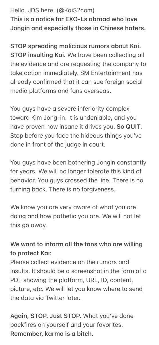 KaiS2com's tweet photo. 📣 ANNOUNCEMENT for for EXO-Ls abroad who love Jongin and especially those in haters.

Every EXO-Ls, please protect KAI.

We’ve been collecting all the evidence and are requesting the company to take action immediately. 

SM Entertainment has already confirmed that it can sue. https://t.co/brXmzT423L